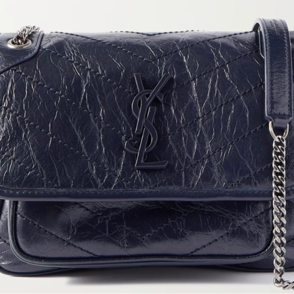 Saint Laurent Niki Baby Quilted Crinkled Glossed-Leather Navy